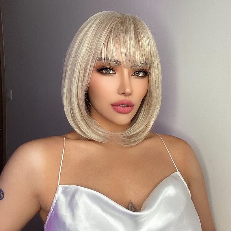 Blonde Bob Wig Platinum Blonde Bob Wig With Bangs 12 inch Short Platinum Blonde Wig With Black Root Synthetic Wigs for Daily Party Christmas Party Wigs barbiecore Wigs2