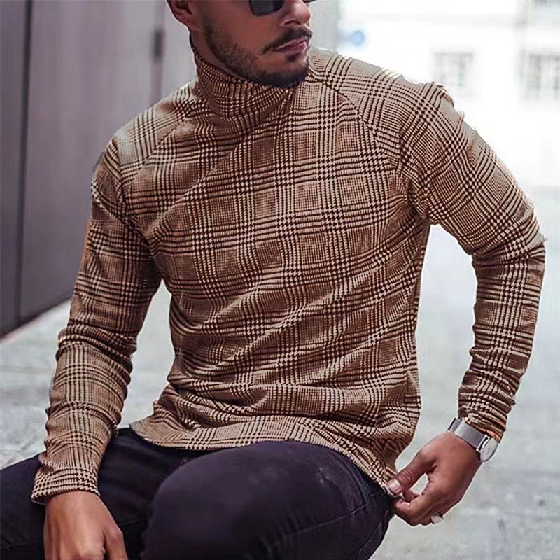 Men's T Shirt Turtleneck shirt Long Sleeve Shirt Long Sleeve Rolled collar Classic Collar Fall & Winter Plaid Houndstooth Lightweight Muscle Slim Fit Vacation Casual Holiday Black-White Black Yellow3
