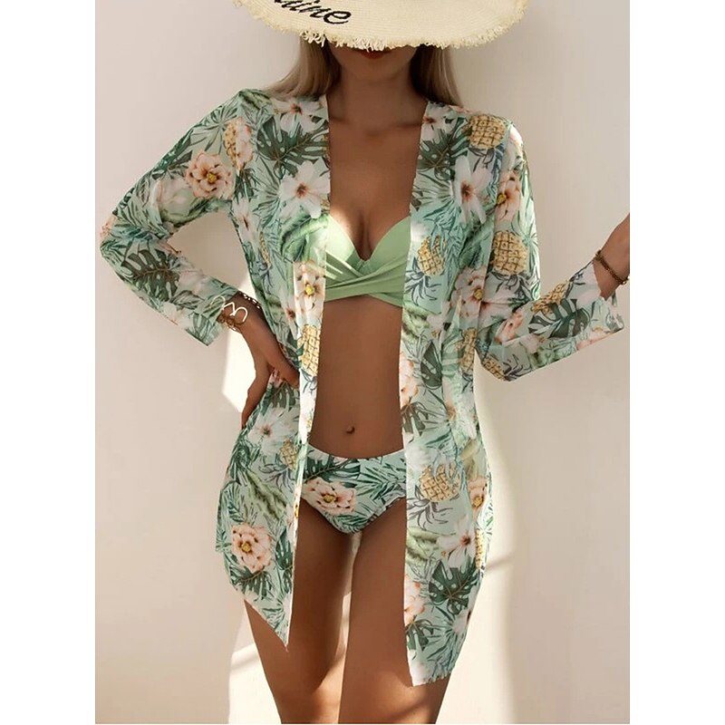 Women's Normal Swimwear Bikini Three Piece Cheeky Swimsuit 2 Piece Open Back Sexy Printing Vacation Fashion Leaves V Wire Long Sleeve Bathing Suits