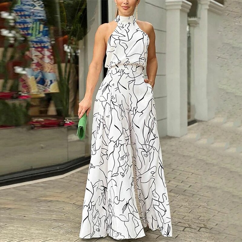 Women's Normal Jumpsuit Elegant Striped Sleeveless Stand Collar Pocket Print Wedding Party Regular Fit Black White Yellow Summer