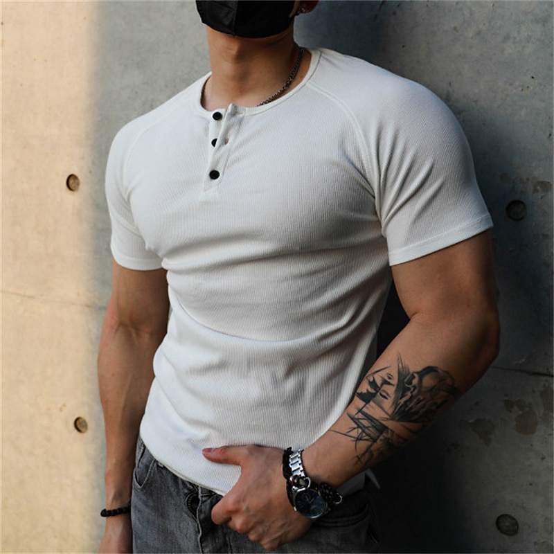 Men's Henley Shirt Muscle Shirt Ribbed Knit tee Short Sleeve Plain Fashion Casual Comfortable Button-Down Henley Street Holiday Beach Summer White Gray Henley T-Shirt