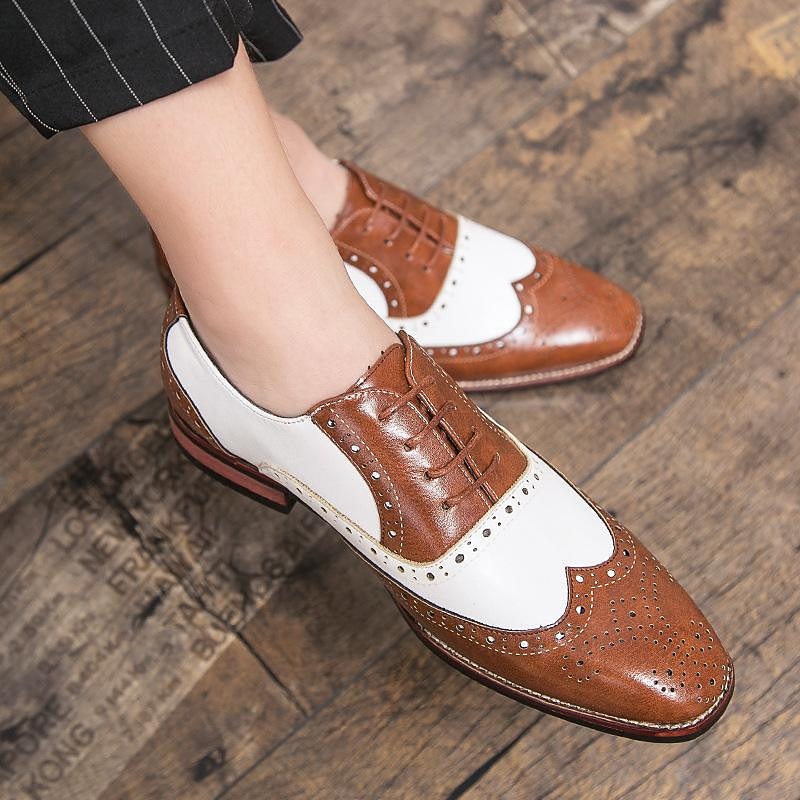 Men's Classic White and Brown Wingtip Oxford Brogue Spectator Shoes, Genuine Leather Gatsby-Inspired 1920s Vintage Dress Shoes for Wedding, Jazz Party, and Formal Events3