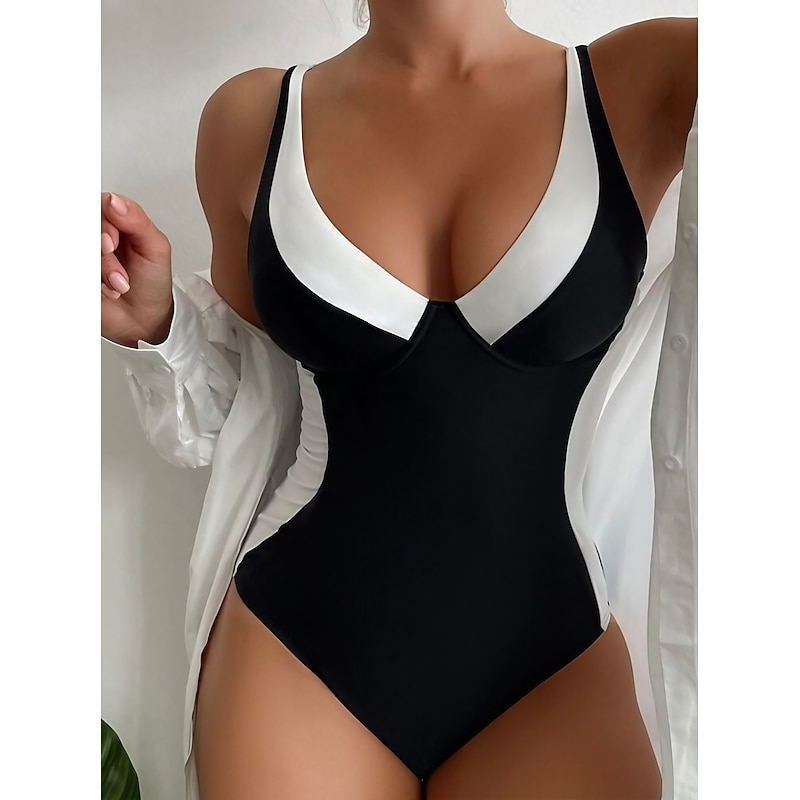 Women's Swimwear One Piece Monokini Bathing Suits Cheeky Swimsuit Tummy Control High Waisted Beach Wear Sexy Color Block Strap Sleeveless Bathing Suits