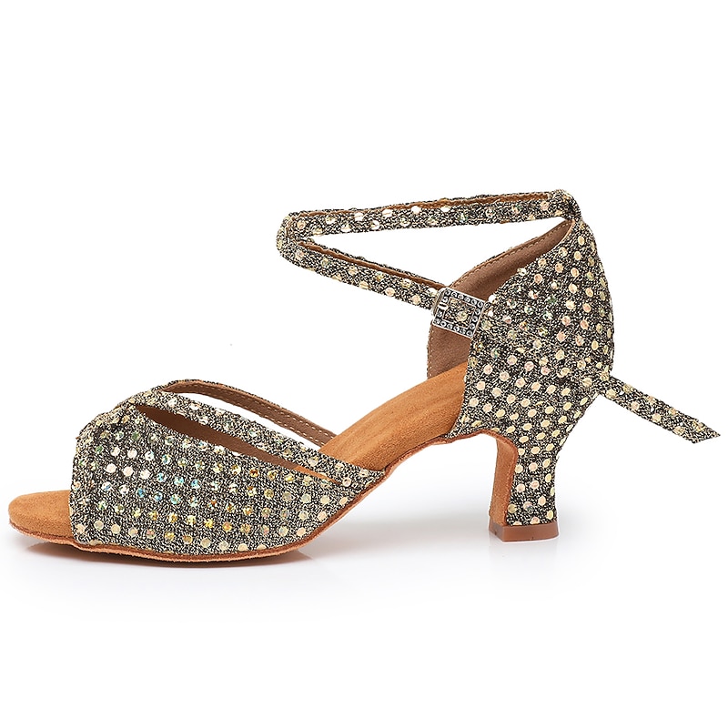 Women's Latin Shoes Dance Shoes Indoor Professional ChaCha Glitter Crystal Sequined Jeweled Softer Insole High Heel Round Toe Buckle Adults' Dark Brown / Sparkling Glitter / Satin4