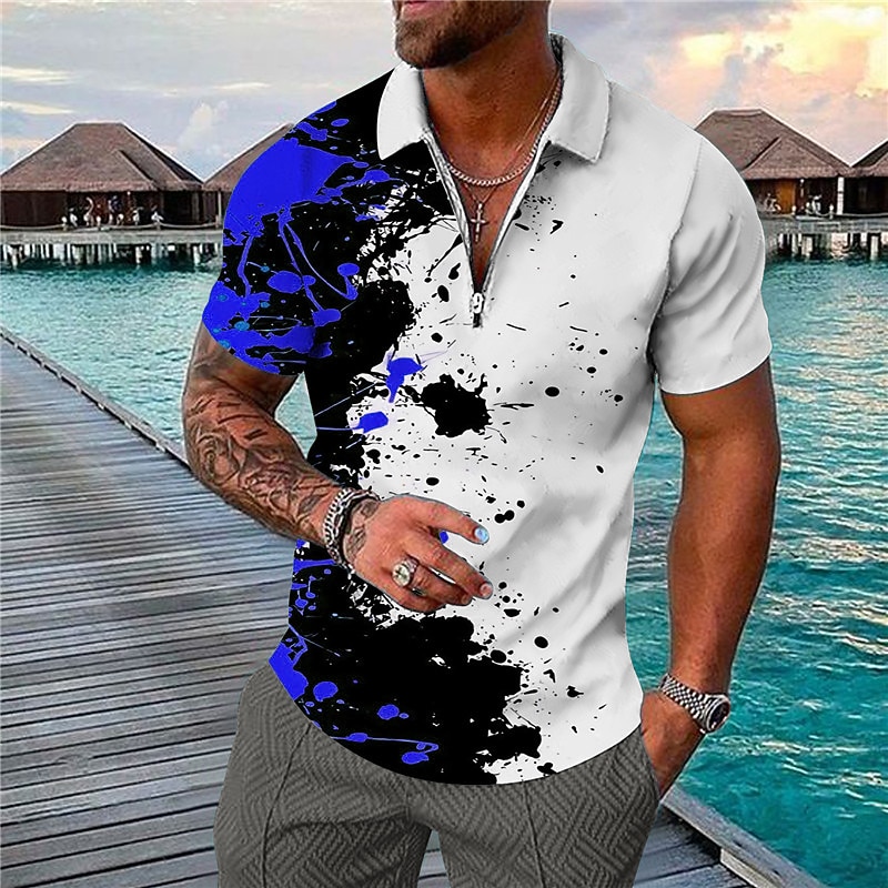 Men's Resort Hawaiian Polo Shirts Golf Shirt Short Sleeve Polo Shirts Collared Shirts Casual Beach Wear Vacation Wear Tropical Wear Party Outfits 3D Print Quarter Zip Polo White Blue Purple2