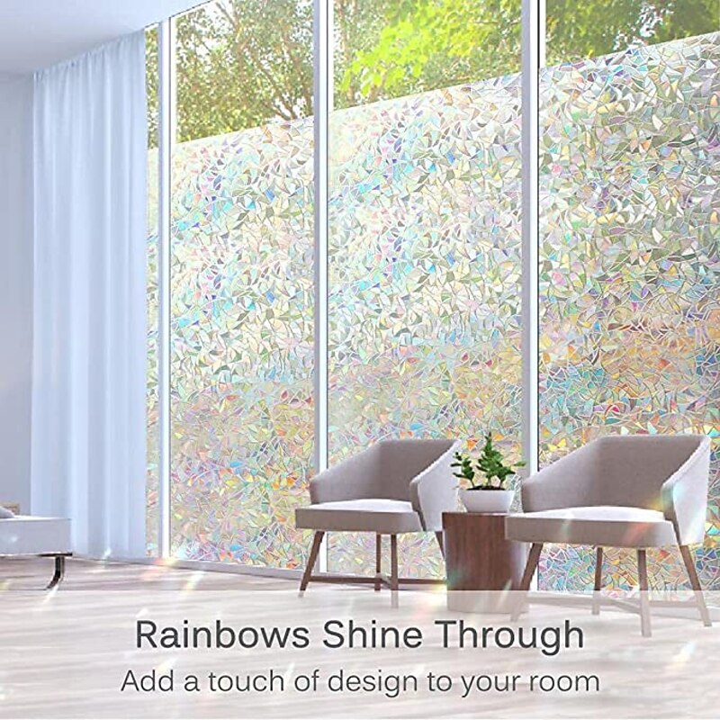 Window Privacy Film, Rainbow Window Film, Removable Stained Glass Sticker, Heat Control Window Cling for Decor, Silver 14