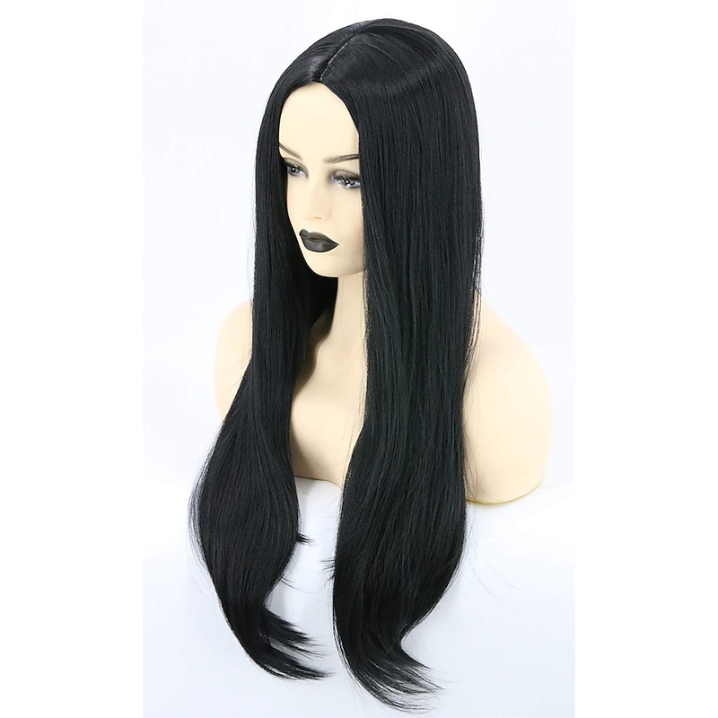 Addams Adult Topcosplay Women Wigs Black Long Straight Middle Part 28inch Cosplay Hair Replacement Wigs Halloween Wigs3