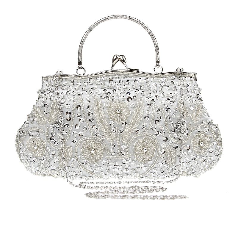 Women's White Beaded Evening Clutch Purse – Vintage Sequin Embroidered Handbag for Weddings, Formal Events, and Cocktail Parties2