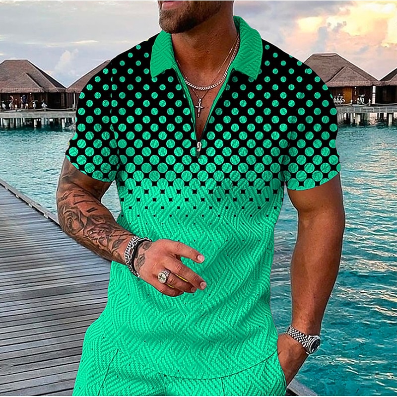 Men's Geometric Hawaiian Polo Shirts Golf Shirt Short Sleeve Polo Shirts Collared Shirts Casual Beach Wear Vacation Wear Party Outfits 3D Print Quarter Zip Polo Yellow Pink Blue2
