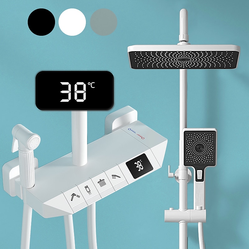 Shower Faucet,Rainfall Shower Set Piano Digital Intelligent Brass Bathroom Faucets Hot Cold Waterfall Tap Rainfall Gray/White/Black Shower System