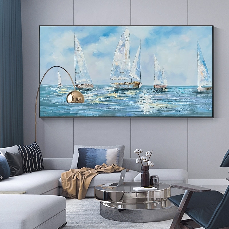 Handmade Hand Painted Oil Painting Wall Art Abstract Blue Sea Boat Paintings Home Decoration Decor Rolled Canvas No Frame Unstretched