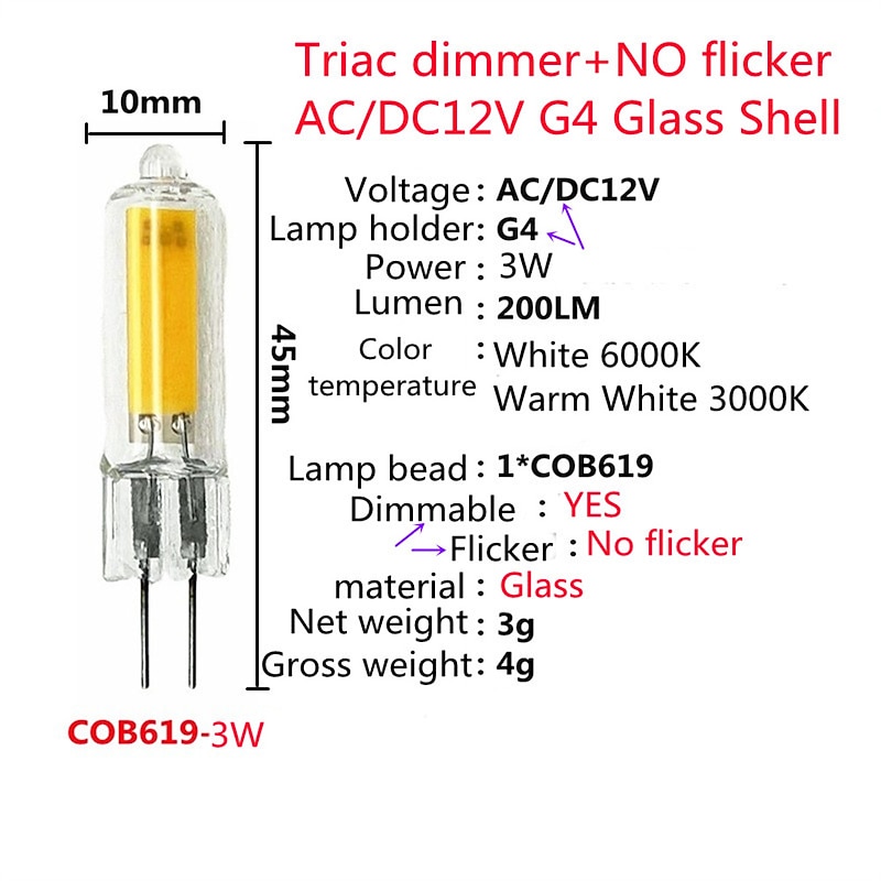 10pcs Dimmable No Flicker Glass LED G4 COB Bulb 3W AC/DC12V Led lamp Crystal Light Bulb Lampada Lampara Bombilla Ampoule2