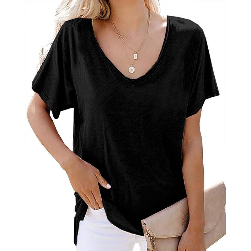 Women's T Shirt Plain Beach Short Sleeve V Neck Regular Tops Casual Black White Army Green Navy Blue Light Grey2