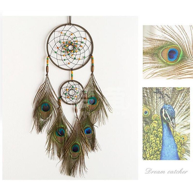 Green Dream Catcher Two Rings Handmade Gift with Noble Peacock Feather,Colorful Beads Wall Hanging Decor Art Hook Flower Wind Chimes Boho Style Home Pendant 15*55cm4