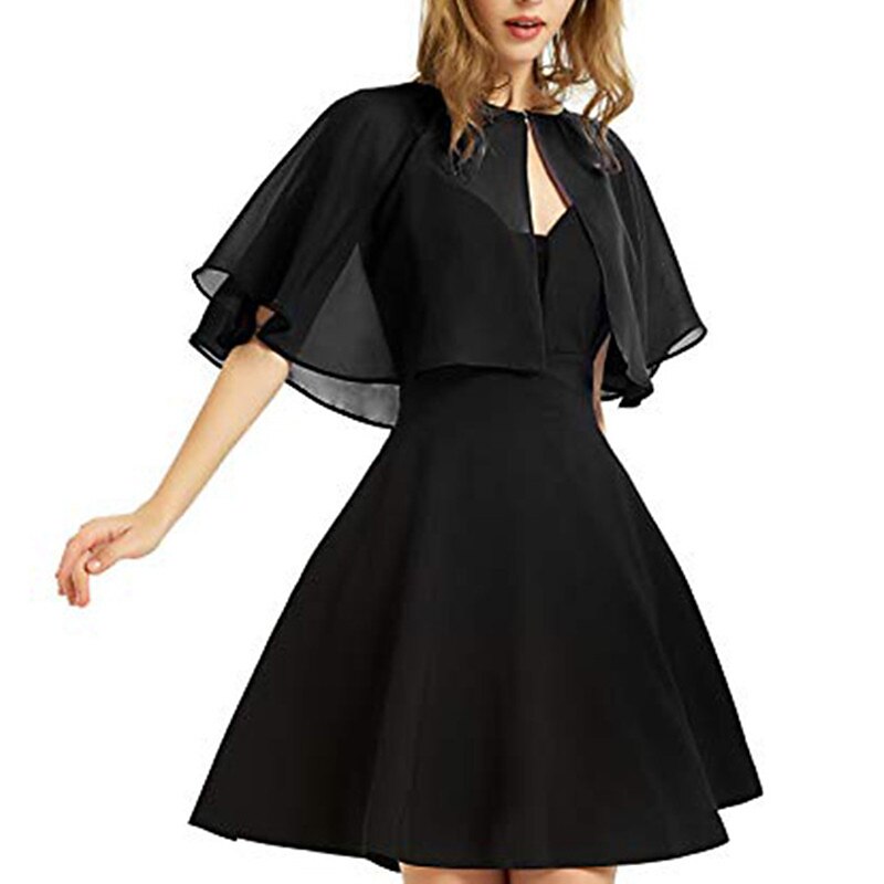 Black Cape Shawl & Wrap Women's Wrap Bolero Simple Sleeveless Chiffon Wedding Guest Wraps With Pure Color For Party Evening Spring & Summer dress to impress