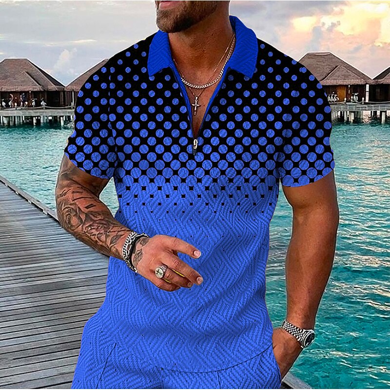 Men's Geometric Hawaiian Polo Shirts Golf Shirt Short Sleeve Polo Shirts Collared Shirts Casual Beach Wear Vacation Wear Party Outfits 3D Print Quarter Zip Polo Yellow Pink Blue3