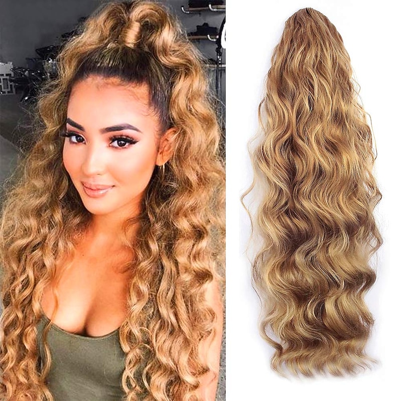 24 Inch Long Body Wave Ponytail hair Extension Synthetic Heat Resistant Wrap Around Drawstring Curly Wavy Ponytail Hairpieces for Women