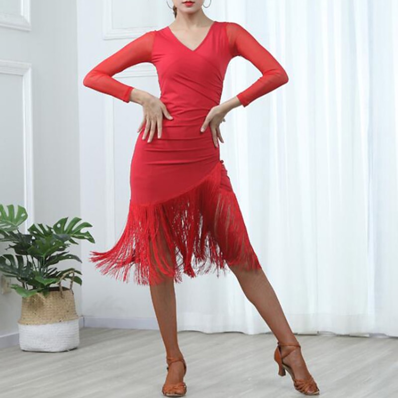 Latin Dance Dress Fringed Tassel Pure Color Splicing Women's Training Performance Long Sleeve High Polyester Women's Daily Dress