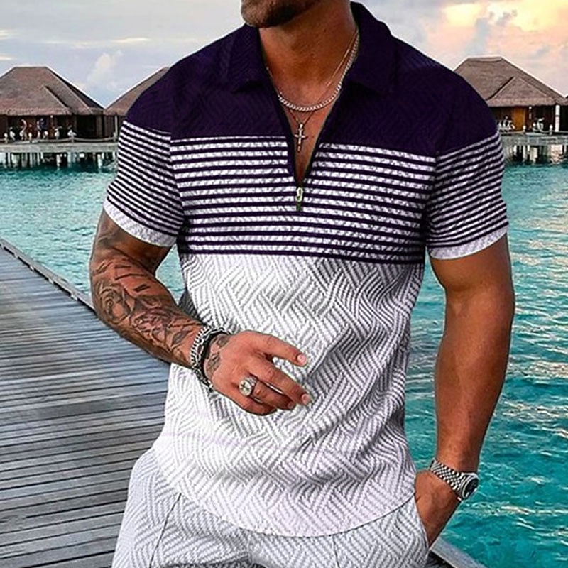Men's Striped Hawaiian Polo Shirts Golf Shirt Short Sleeve Polo Shirts Collared Shirts Casual Beach Wear Vacation Wear Party Outfits 3D Print Quarter Zip Polo Black-White Black Army Green3
