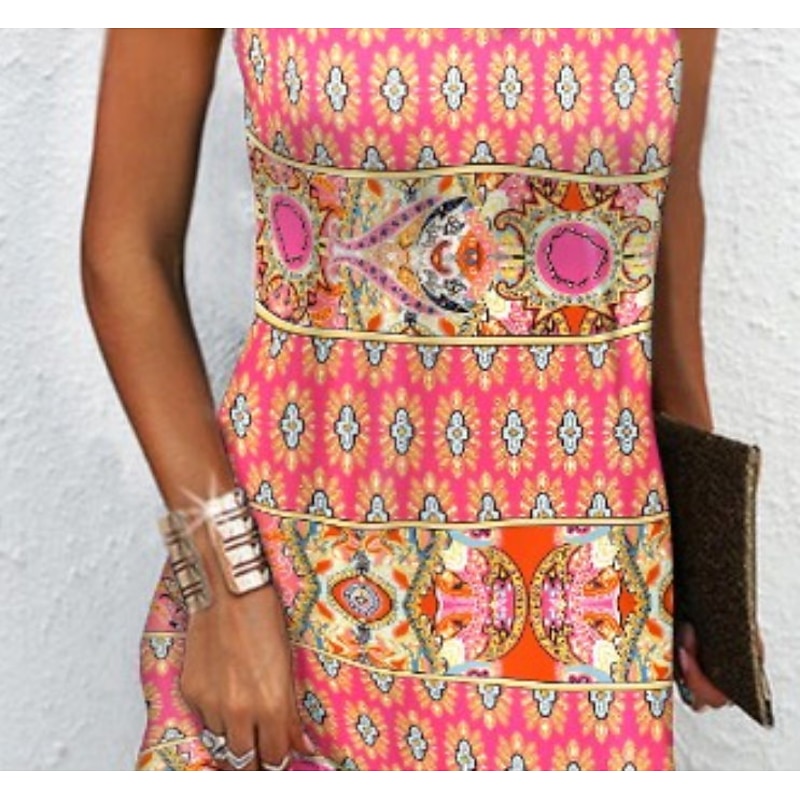 Women's Mini Dress Petite Dress Casual Dress Ethnic Dress Boho Dress Halter Neck Dress Fashion Stylish Modern Vacation Daily Date Regular Fit Geometric Print Sleeveless Halter Neck Pink Summer Spring4