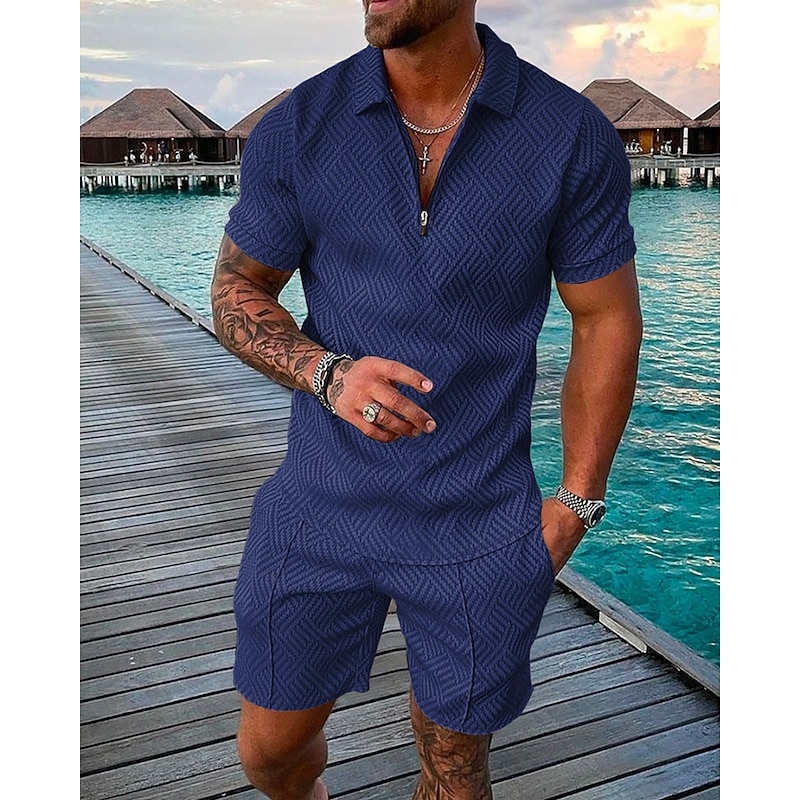 Men's T-shirt Suits Golf Polos Shirts Street Casual Turndown Quarter Zip Short Sleeve Modern Casual Waves Curve 3D Print Summer Regular Fit Green / Black Black Yellow Pink Red Navy Blue T-shirt Suits4