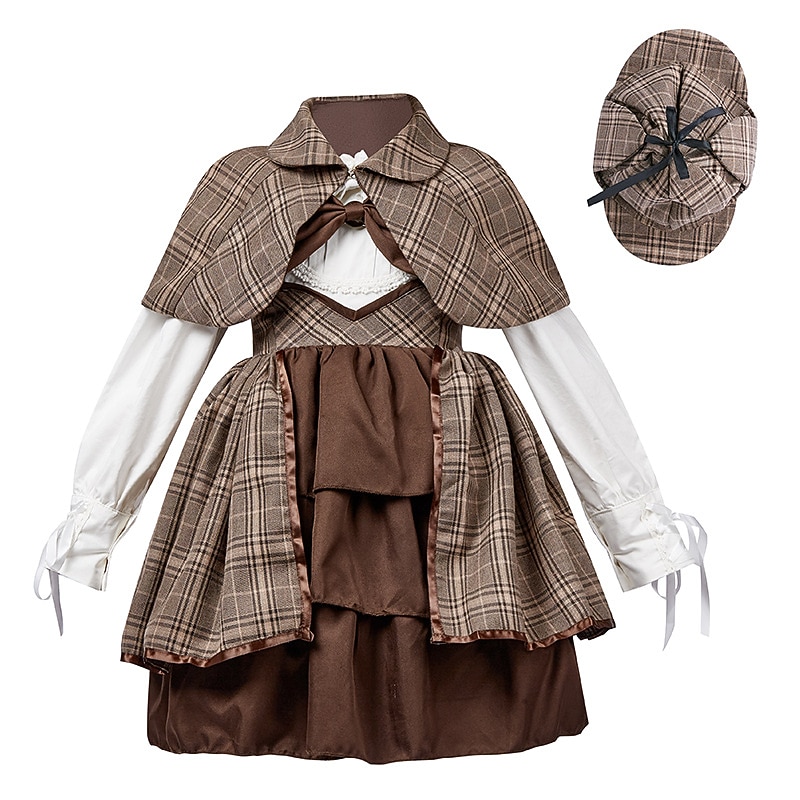 Detective Cosplay Costume Outfits 5 Pieces Girls' Movie Cosplay Cosplay Halloween Brown Dress Shawl Glasses Halloween Carnival Masquerade Cotton World Book Day Costumes4