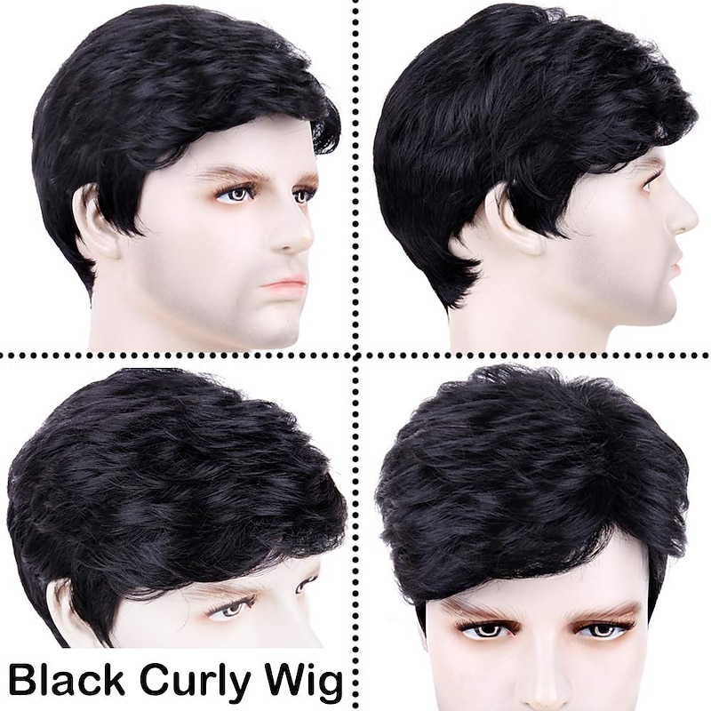 Vampire Wig Black Mens Wig Side Part Curly Heat Resistant Synthetic Fashion Guy Natural Hair Replacement Wigs with Free Wig Cap Cosplay Daily Use Halloween Wigs4