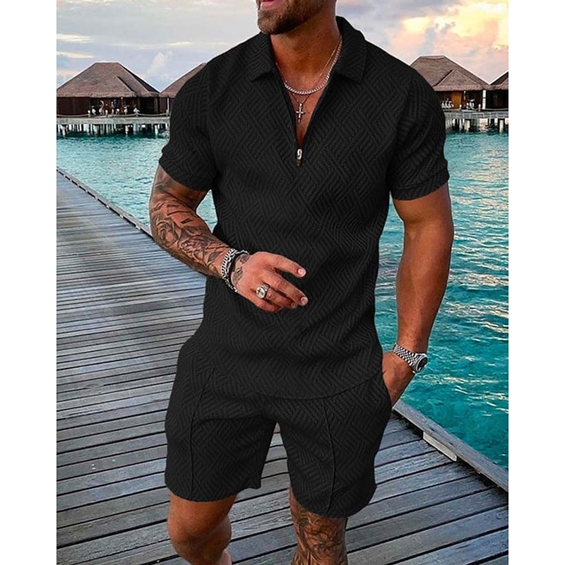 Men's T-shirt Suits Golf Polos Shirts Street Casual Turndown Quarter Zip Short Sleeve Modern Casual Waves Curve 3D Print Summer Regular Fit Green / Black Black Yellow Pink Red Navy Blue T-shirt Suits