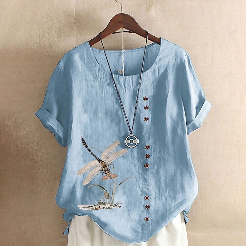 Women's 100% Cotton Shirt Blouse Button Print Weekend Streetwear Basic Casual Linen Like Short Sleeve Crew Neck White Summer Spring