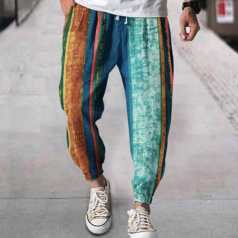 Men's Joggers Trousers Summer Pants Beach Pants Drawstring Elastic Waist Graphic Stripe Comfort Breathable Daily Beach Fashion Simple Purple Green Micro-elastic