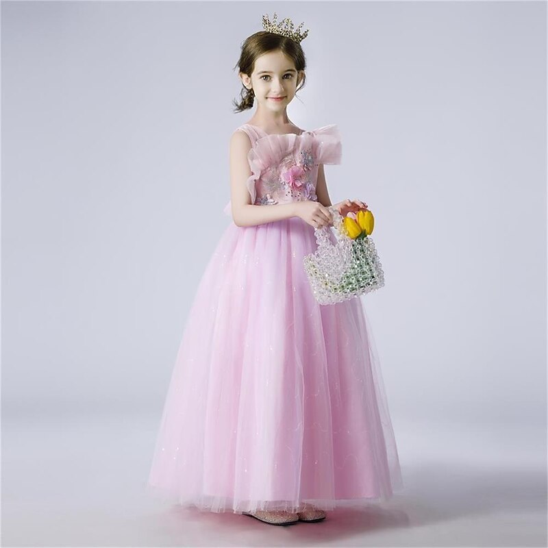 Kids Girls' Dress Solid Colored Tulle Dress Maxi Dress Party Beaded Sleeveless Cute Dress 4-13 Years Spring Blue Purple Champagne4