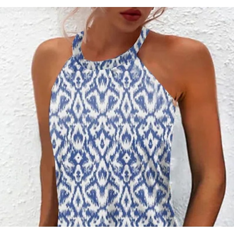 Women's Mini Dress Petite Dress Sundress Summer Dress Halter Dress Casual Vacation Daily Cocktail Party Regular Fit Print Sleeveless Halter Neck Strapless Blue Summer Spring2