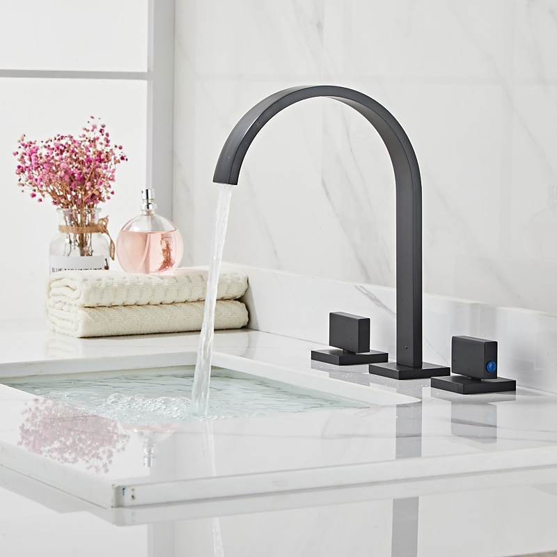 Widespread Bathroom Sink Mixer Faucet, High Arc Basin Taps 3 Hole 2 Handle Basin Tap Deck Mounted, Y-shape Quick Connect ashroom Vessel Water Tap with Cold Hot Hose4