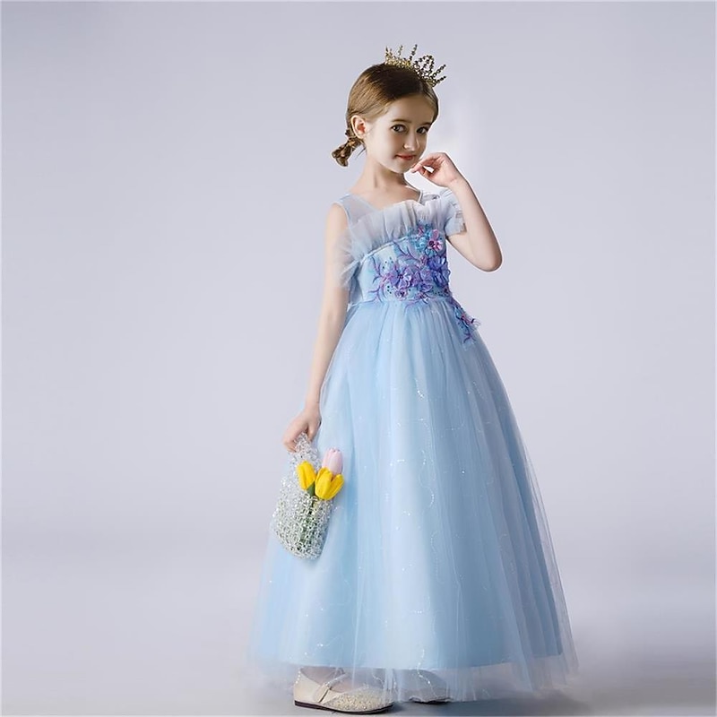 Kids Girls' Dress Solid Colored Tulle Dress Maxi Dress Party Beaded Sleeveless Cute Dress 4-13 Years Spring Blue Purple Champagne2