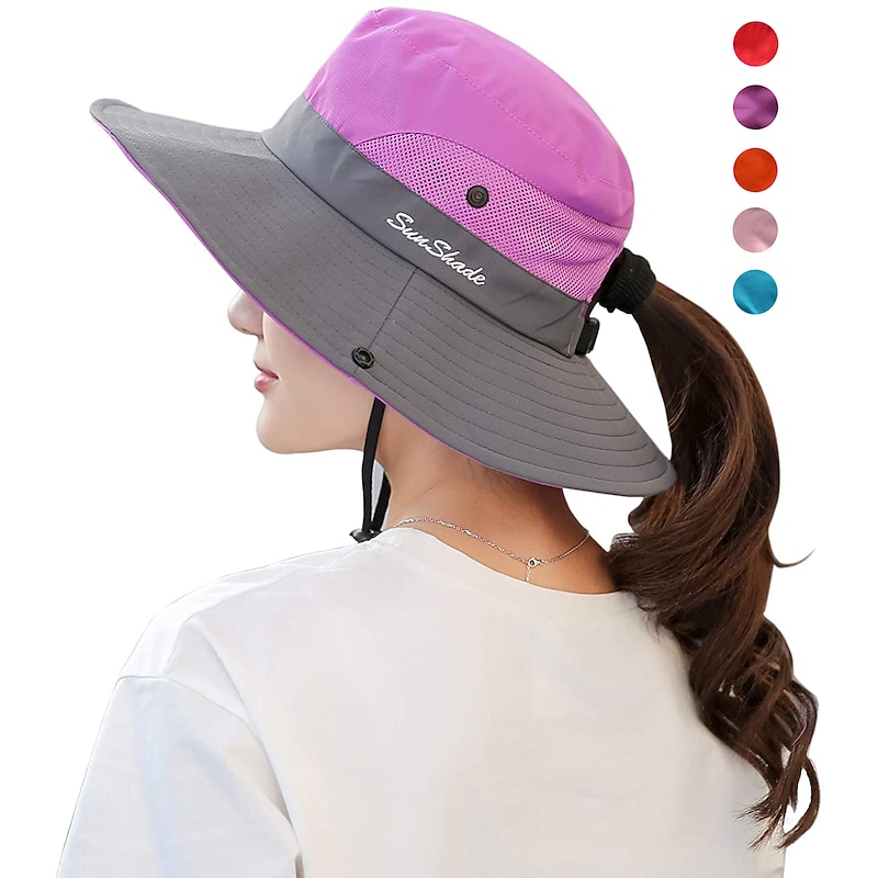 Women's Sun Hats Wide Brim Outdoor UV Protection Foldable Mesh Beach Fishing Hat with Ponytail Hole Hiking Hat Bucket Hat Boonie hat Summer Portable Breathable Patchwork Green Black Red Fuchsia