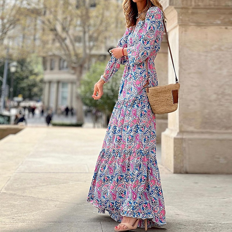 Women's Maxi long Dress Casual Dress Boho Chic Dresses Long Sleeve Boho Dress Boho Dress Elegant Bohemia Stylish Winter Dress Vacation Daily Regular Fit Floral Long Sleeve V Neck Pink Green Fall2