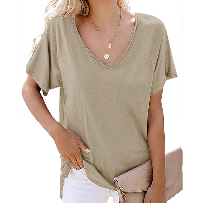 Women's T Shirt Plain Beach Short Sleeve V Neck Regular Tops Casual Black White Army Green Navy Blue Light Grey