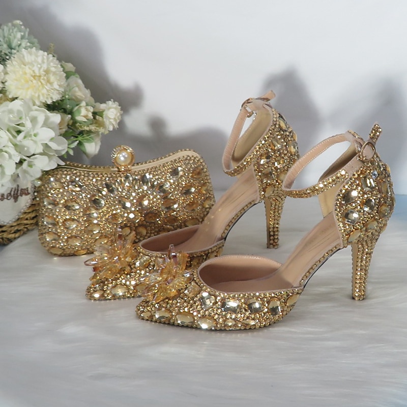 Women's Gold Rhinestone High Heel Sandals with Matching Clutch – Luxury Crystal-Embellished Ankle Strap Stilettos for Weddings, Parties & Special Occasions