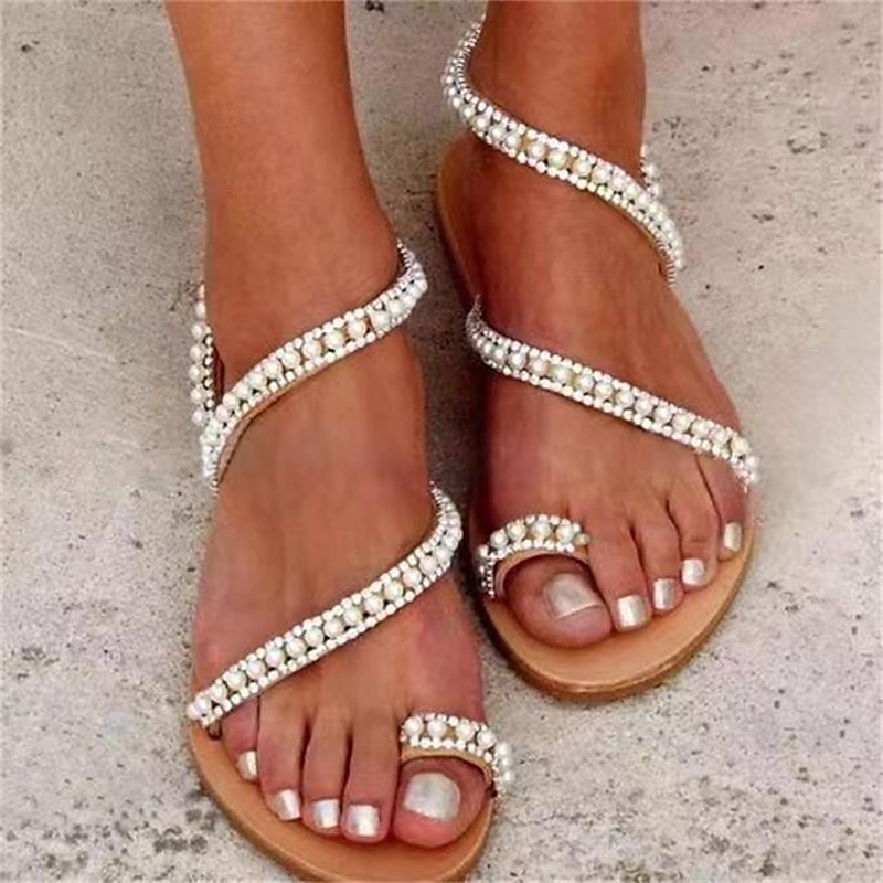 Women's Pearl-Embellished Strappy Flat Sandals – Elegant Summer Beach Sandals for Weddings and Special Occasions