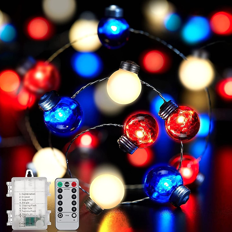 LED String Lights 4m/10Ft 40LED Decorations Red White Blue Fairy Light Battery Operated Copper Wire Patriotic Decorations