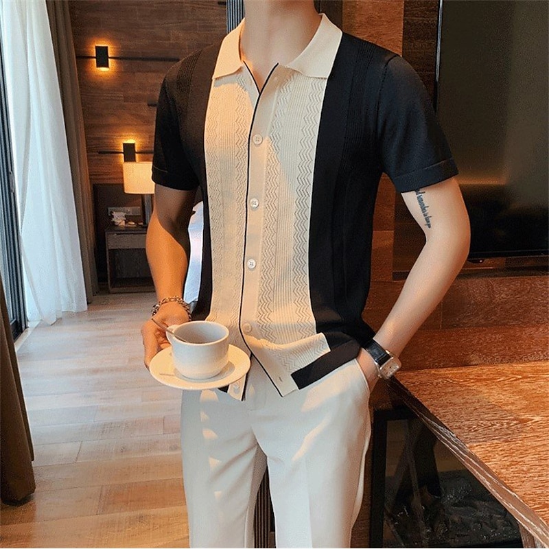 Men's Knit Polo Sweater Polo Shirt Casual Daily Turndown Button Short Sleeve Fashion Chunky Color Block Button Front Summer Spring Fall Regular Fit Black / Gray Yellow Knit Polo Sweater2