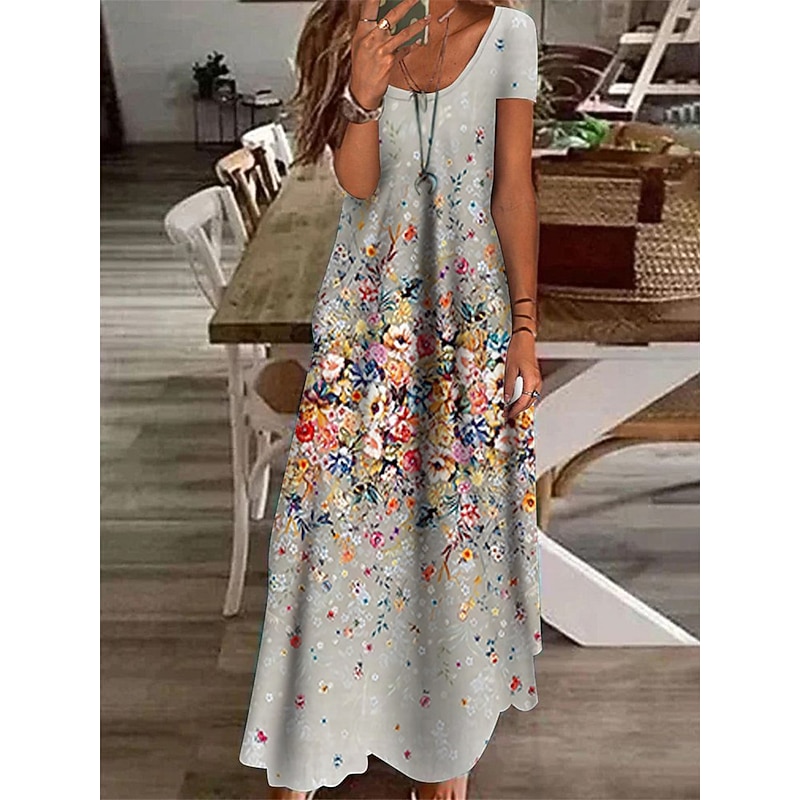 Women's Maxi Dress Casual Dress Shift Dress Elegant Vacation Casual Outdoor Daily Regular Fit Floral Short Sleeve V Neck Green Gray Summer Spring2