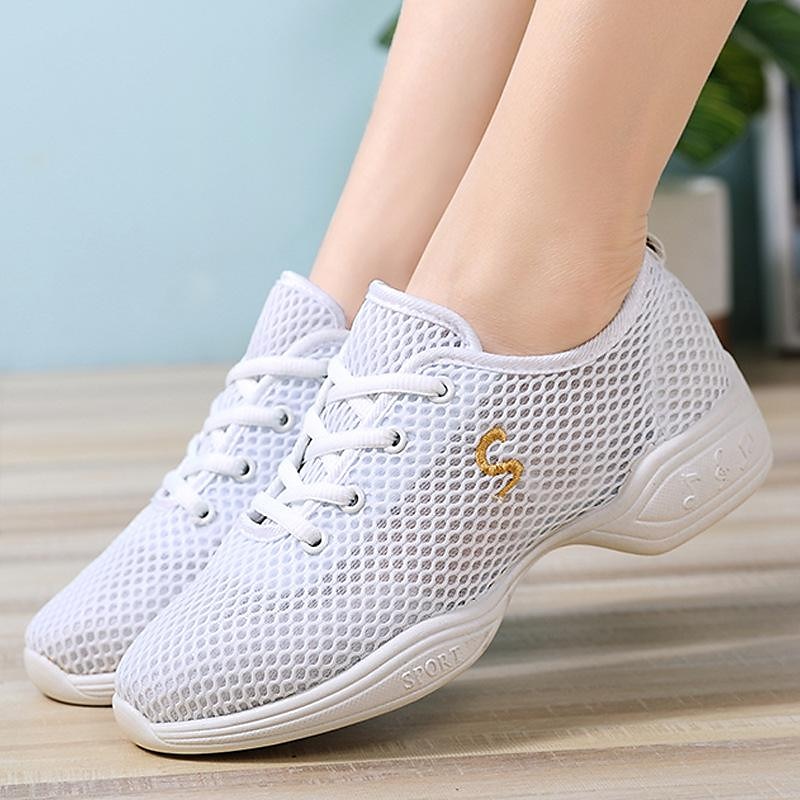 Women's White Mesh Dance Shoes – Lightweight Breathable Sneakers for Jazz, Ballet, and Fitness Dance