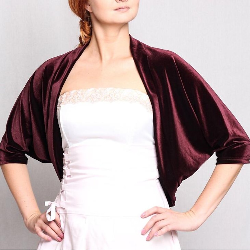 Burgundy Velvet Women's Wrap Shrug Bolero Elegant Casual Daily Keep Warm 3/4 Length Sleeve Dolman Sleeves Velvet Wedding Wraps With Pure Color For Evening Party Fall & Winter dress to impress