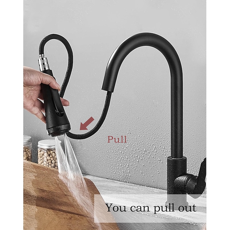 Kitchen Faucet with Sprayer,Matte Black Brass 4-Function Single Handle One Hole Button Design Pull-out / Pull-down Centerset Contemporary Kitchen Taps(with Soap Dispenser)2