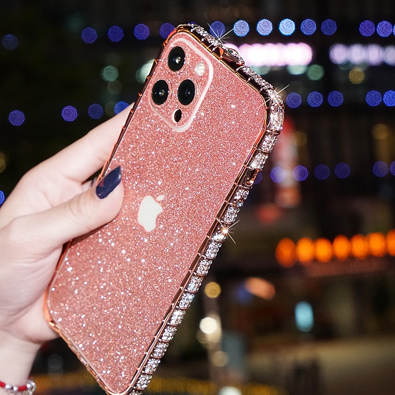 Phone Case For iPhone 14 Pro Max Plus 13 12 11 Pro Max Mini Back Cover Bumper Frame for Women Girl Bling Glitter Shiny Shockproof TPU Rhinestone Metal4