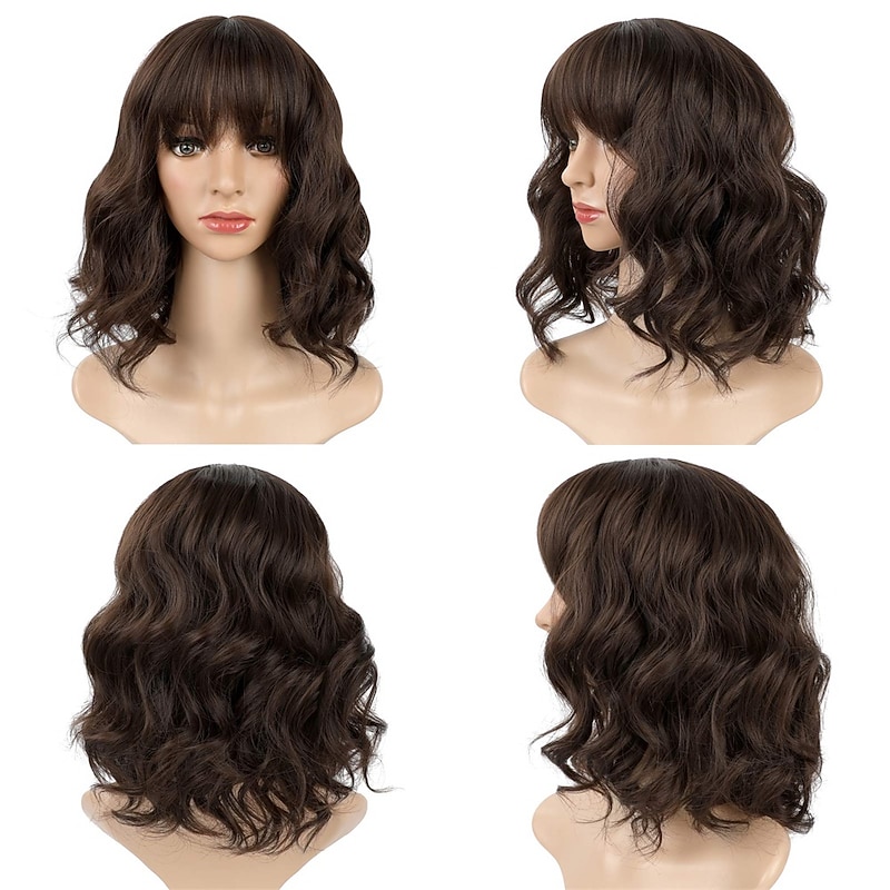 Short Bob Wave Wig with Bangs Womens Wavy Wig Natural Looking Heat Resistant Synthetic Cosplay Wigs for Girl Party Costume Wig Extensions Halloween Wigs3