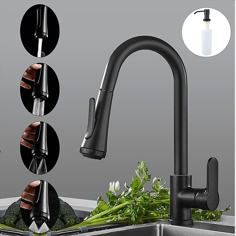 Kitchen Faucet with Sprayer,Matte Black Brass 4-Function Single Handle One Hole Button Design Pull-out / Pull-down Centerset Contemporary Kitchen Taps(with Soap Dispenser)3