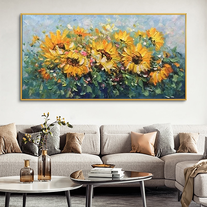 Handmade Oil Painting Canvas Wall Art Decoration Abstract Plant Floral Painting Blooming Sunflower for Home Decor Rolled Frameless Unstretched Painting