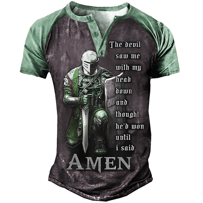 Men's Faith Graphic T-Shirt, Knight Warrior 'The Devil Saw Me Until I Said AMEN' Motivational Short Sleeve Tee3